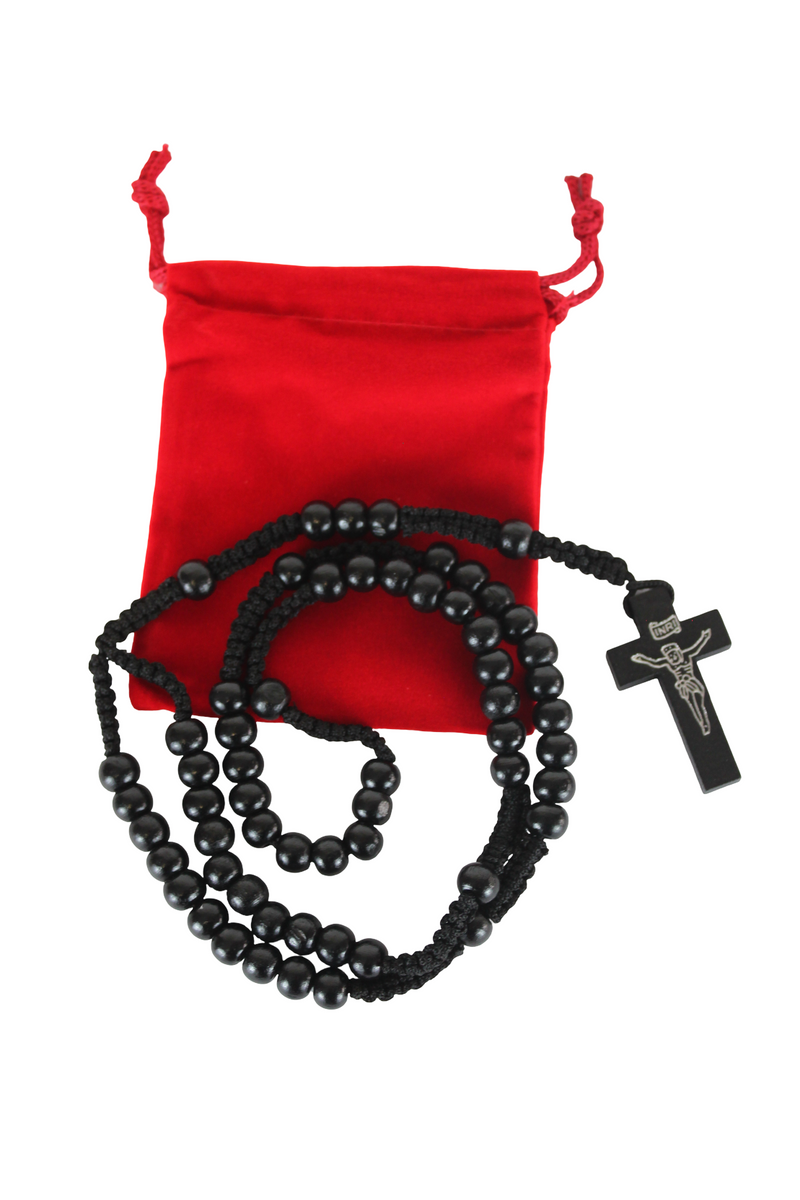 Pair of Black and Beige Wooden Rosaries with Two Velvet Bags - Colored Wooden Beads Rosary Necklaces with Jesus Imprint Cross