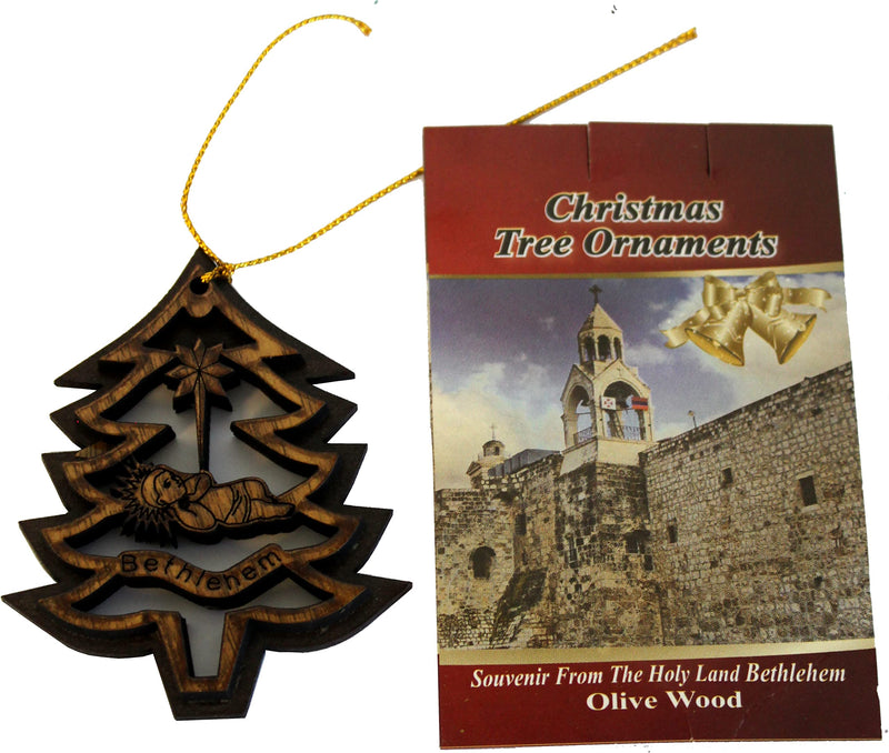 Holy Land Market Two Layers Mahogany with Olive Wood Christmas Tree and Baby Jesus in Cradle or Manger Ornament Gift Carved by Laser - Olive Wood (7.5 cm or 3 Inch with Certificate) and Gold String