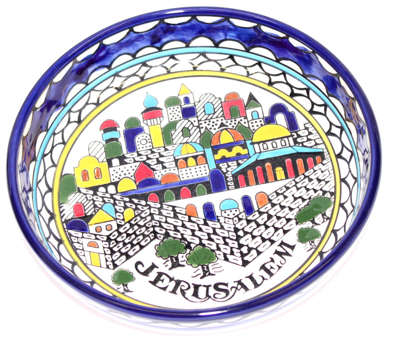 Jerusalem City Walls and Gates View Armenian Ceramic Bowl - Medium (9.2 inches in Diameter and 1.5 Inches deep) - Asfour Outlet Trademark