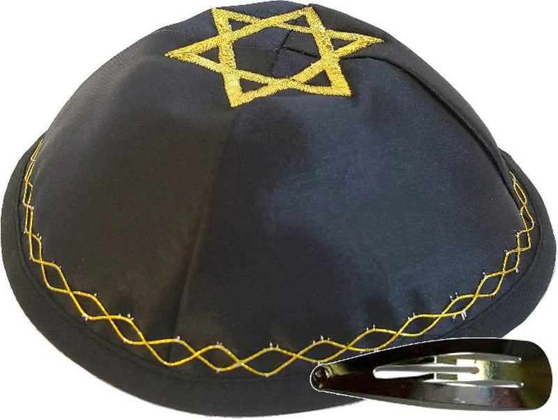 Holy Land Market Jewish Kippah Yarmulke with Star of David Embroidered Satin (Black with Golden Knitting)