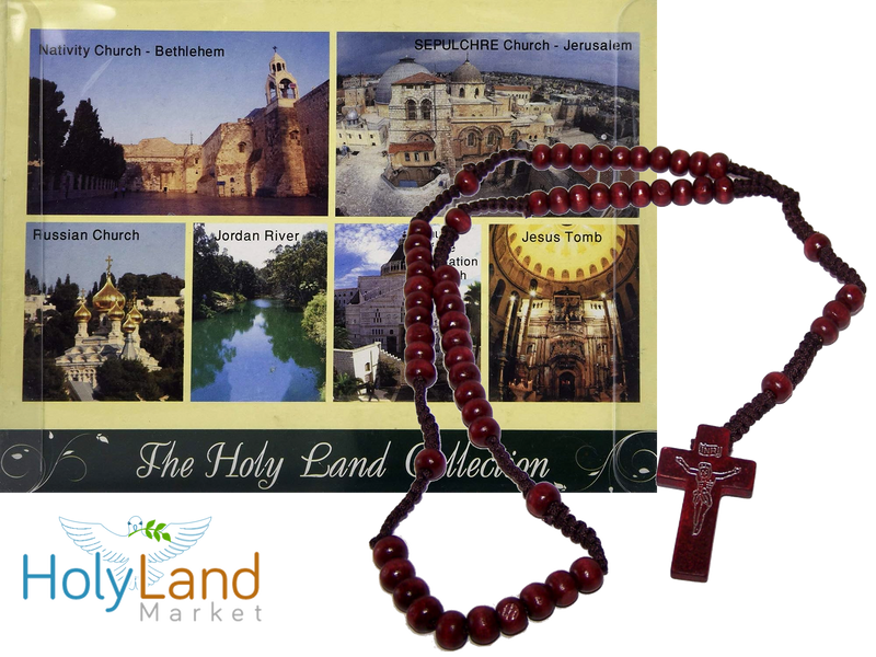 Holy Land Market Maroon Rosary plus Seven In One Holy Jordan Water, Soil, Oil Bottles, Olive Wood Cross, Incense, Candle & Icon Big Jerusalem Set from the Holy Land