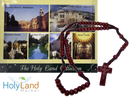 Holy Land Market Maroon Rosary plus Seven In One Holy Jordan Water, Soil, Oil Bottles, Olive Wood Cross, Incense, Candle & Icon Big Jerusalem Set from the Holy Land