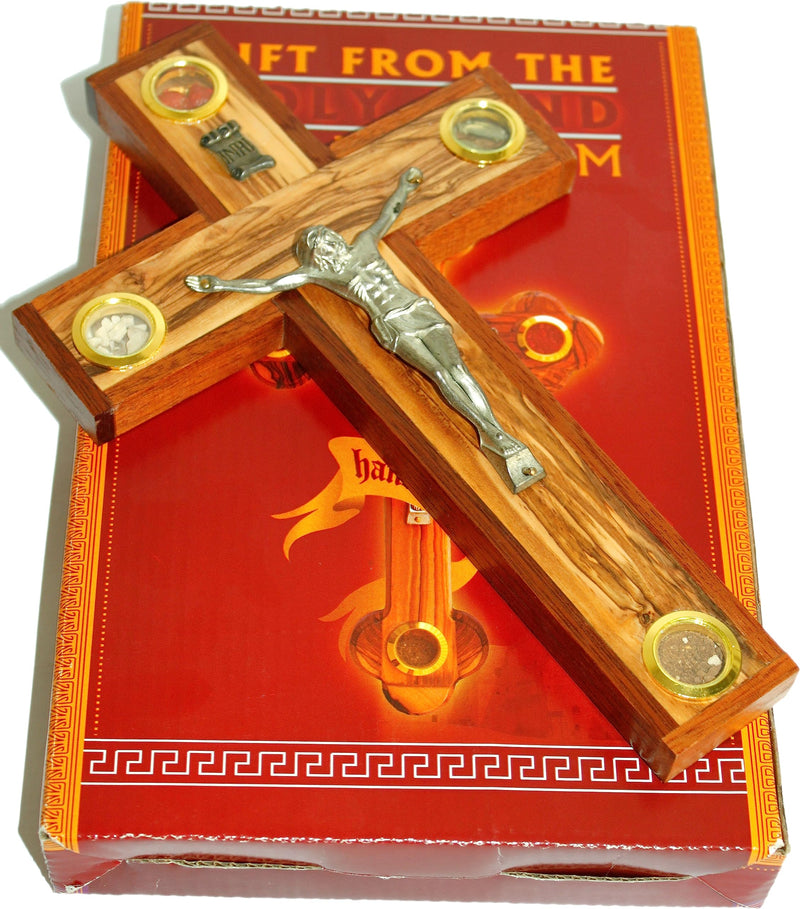 Holy Land Market Catholic Church Olive Wood with Mahogany Wood Crucifix with Holy Land Samples (26 cm - 10.25 Inches)