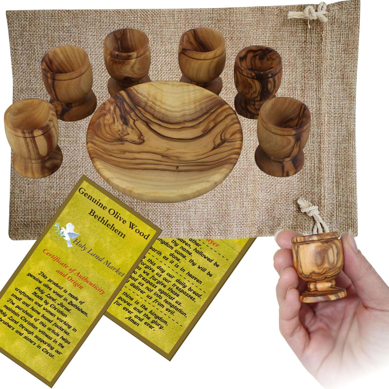 Juego de 6 Copas de Comunión de Madera de Olivo y Plato Kiddush - Juego de Comunión Tallado a Mano en Belén – para Culto en la Iglesia, Pastores y Ministerios
