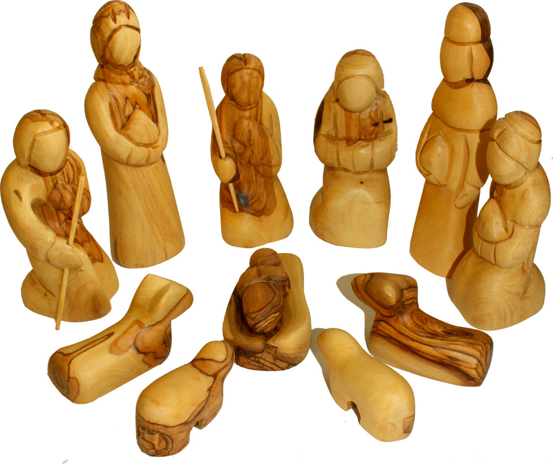 Holy Land Market Blind or Modern Faceless Intricate Design Olive Wood Nativity Set from Bethlehem