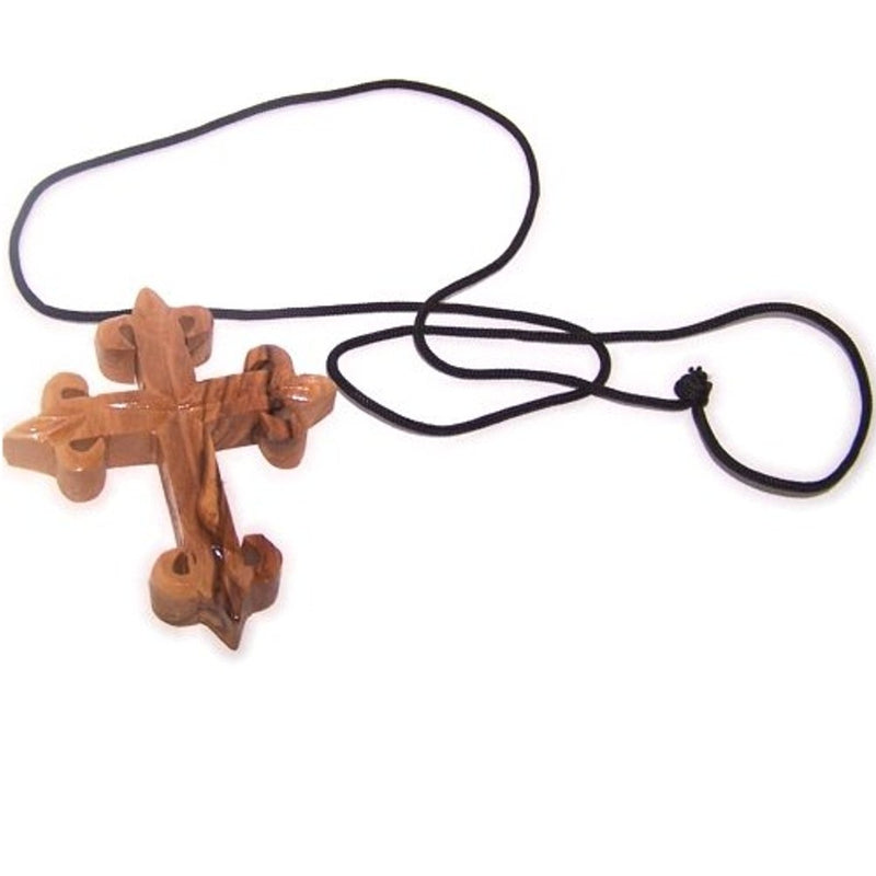 Very Thick hand carved olive wood Fleur-de-lis Cross - necklace - (2.8x2.4x.5 inches) with Certificate