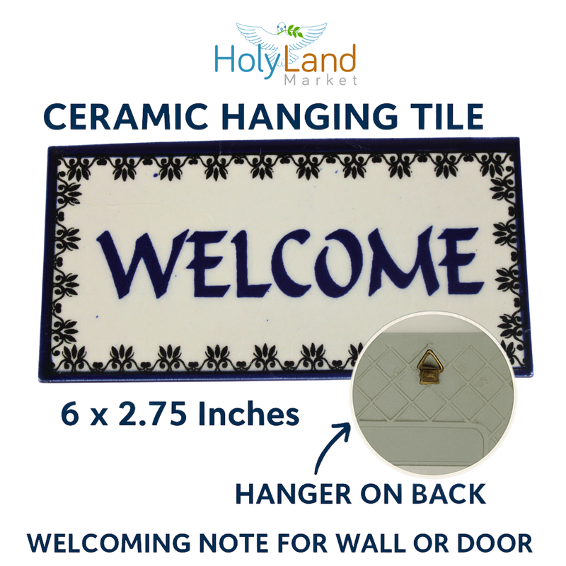 Holy Land Market Welcome Painted Tile from Jerusalem - 6x3 Inches - Asfour Outlet Trademark