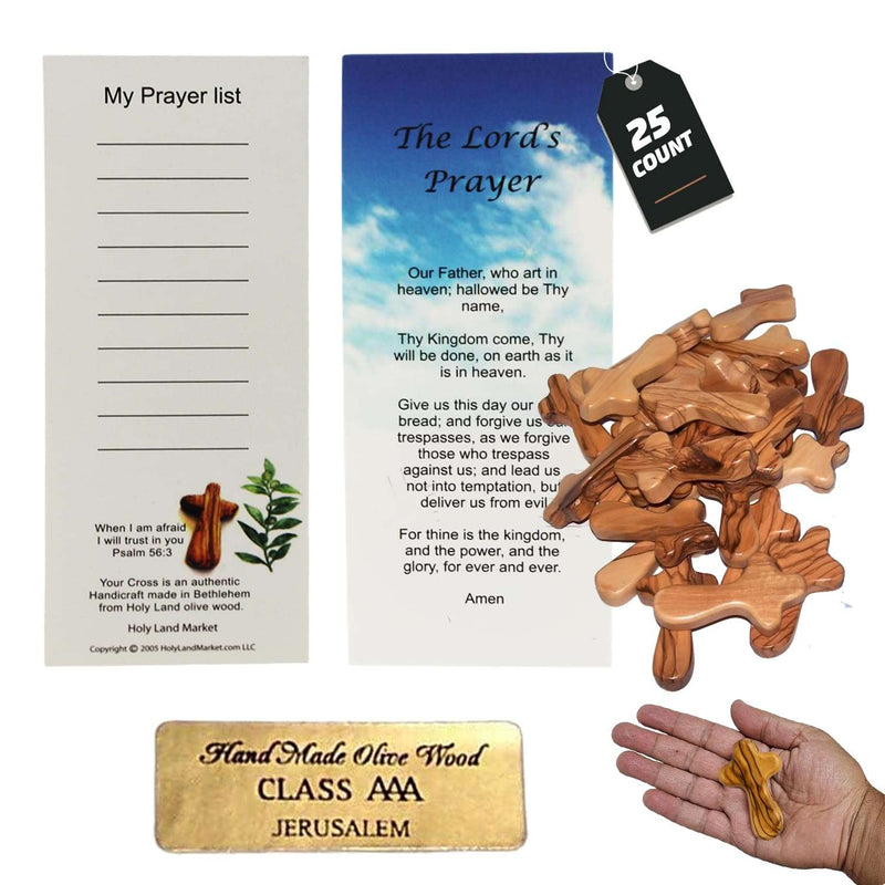 Heap of twenty-five olive wood holding crosses with prayer cards