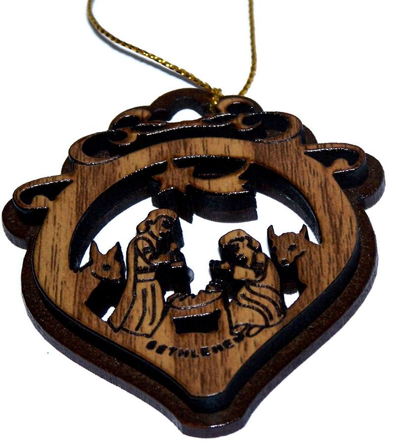 Two Layers Mahogany with Olive Wood Holy Family Nativity Scene Ornament Gift Carved by Laser - Olive Wood (7 cm or 2.8 inch with Certificate) and Gold String