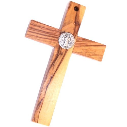 Holy Land Market Two Tone Saint Benedict Crucifix Olive Wood from Bethlehem with Top Grade Corpus and Saint Benedict Medal from Front and Back