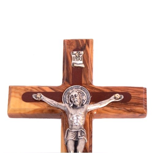 Holy Land Market Two Tone Saint Benedict Crucifix Olive Wood from Bethlehem with Top Grade Corpus and Saint Benedict Medal from Front and Back