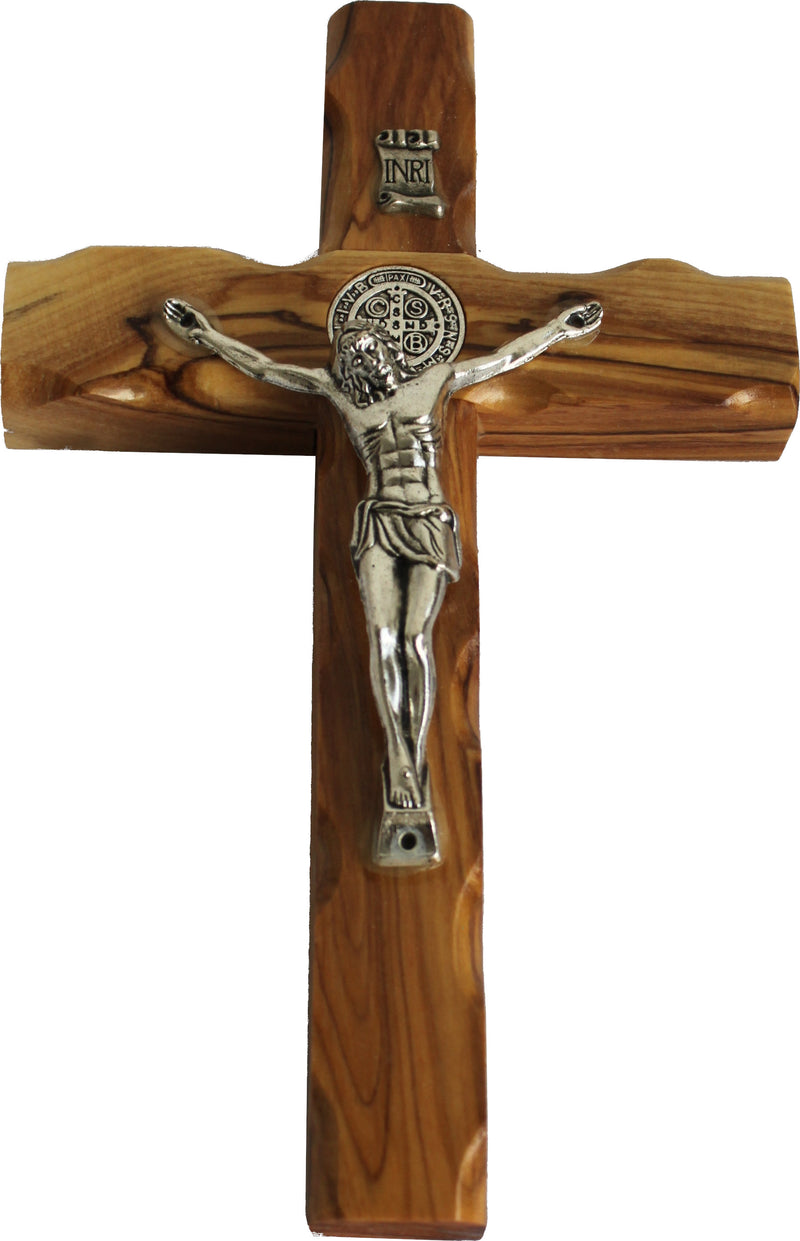 10" Wall Wood Cross St. Saint Benedict & Medal Holy Land Handmade Silver Plated Crucifix