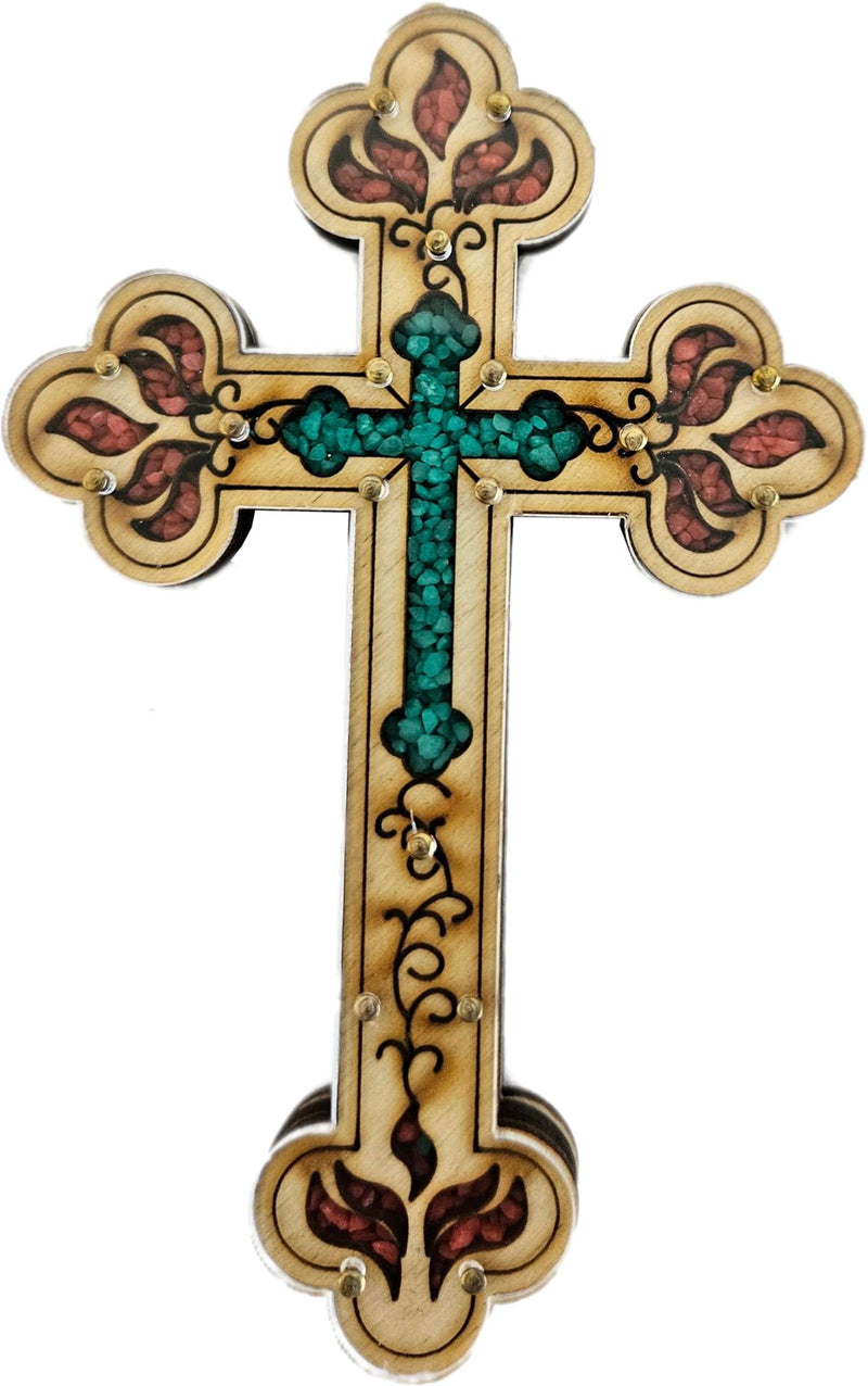 Cruz de Jesús Salvador Llenada con piedras semipreciosas de cornalina rojiza ardiente de la Tierra Santa
