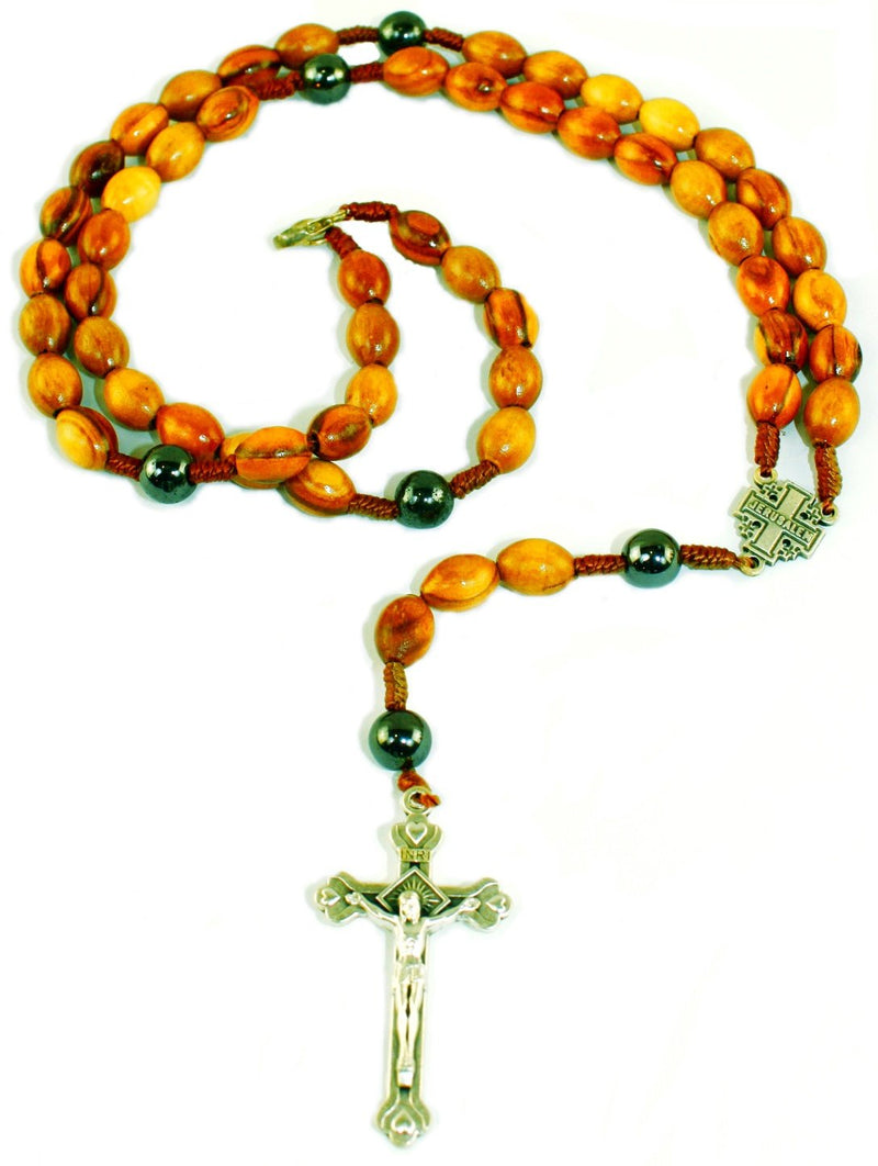 Rosary with Jerusalem Cross center and Hematite beads necklace - comes in velvet bag