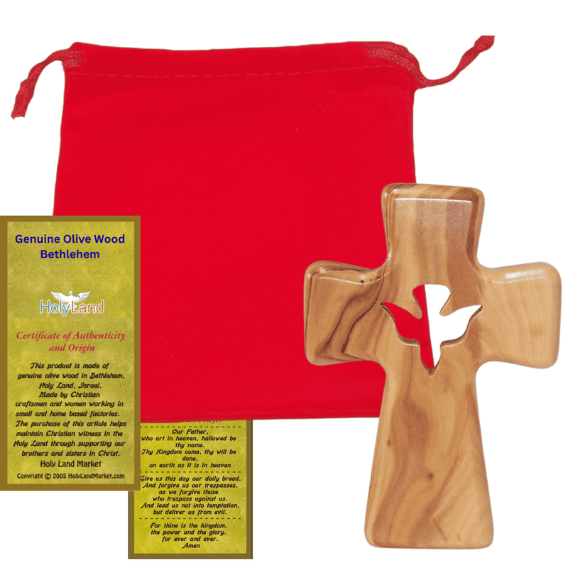 Wooden Pocket Cross - Bethlehem Olive Wood - 3-in-1 Design: Standing, Hanging, or Holding - Hand-Carved Silhouette - Includes Velvet Pouch, Prayer Card, & Certificate ( 4.2 Inches )