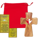 Wooden Pocket Cross - Bethlehem Olive Wood - 3-in-1 Design: Standing, Hanging, or Holding - Hand-Carved Silhouette - Includes Velvet Pouch, Prayer Card, & Certificate ( 4.2 Inches )