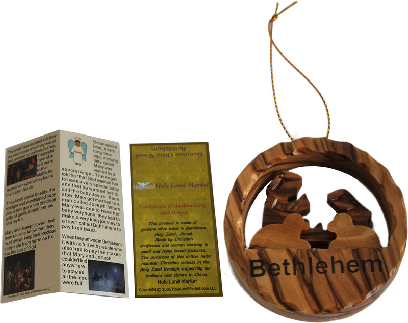 Holy Land Market Hand Carved Thick Olive Wood Tree Ornament Gift - with Certificate and Gold String ( 2.5 Inches in Diameter )