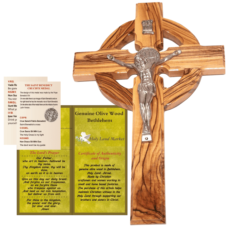 10" Celtic Olive Wood Wall Crucifix – Handmade in Bethlehem with Metal Saint Benedict Medal (Front & Back), Certificate, Prayer Card & Medal Explanation – Solid Olive Wood Cross