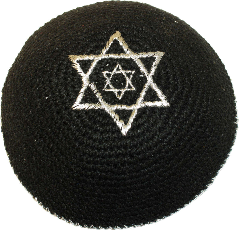 Kippah Judía de Holy Land Market Negra con 2 Estrellas de David Plateadas 17 cm DMC 100% Algodón Tejido - Lanzamiento 2019 M5