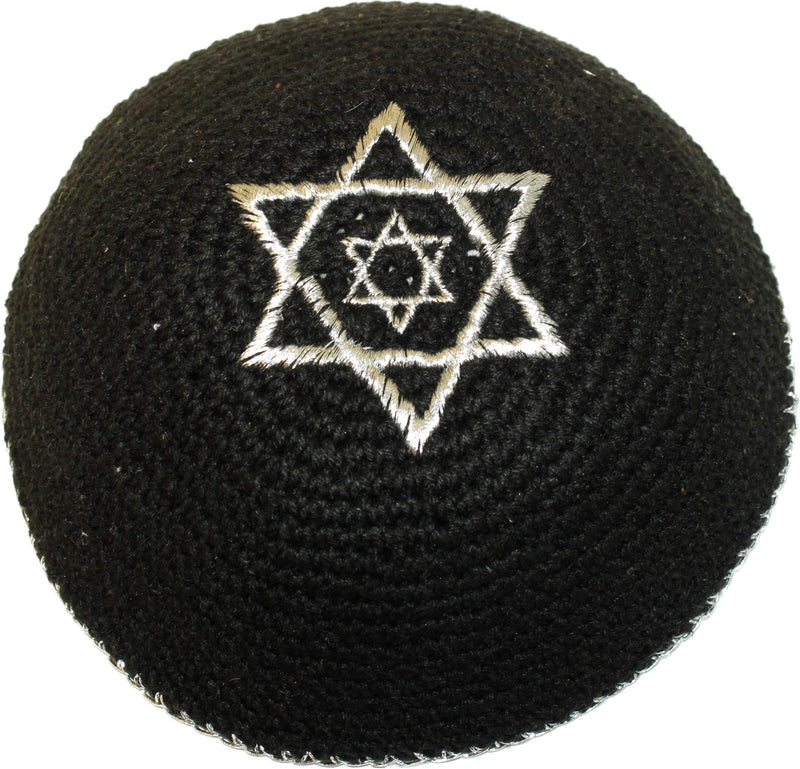 Holy Land Market Black with 2 Silver Stars of David 17cm DMC 100% Knitted Cotton Kippah Jewish - 2019 Release M5