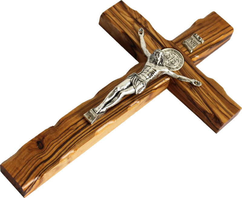10" Wall Wood Cross St. Saint Benedict & Medal Holy Land Handmade Silver Plated Crucifix