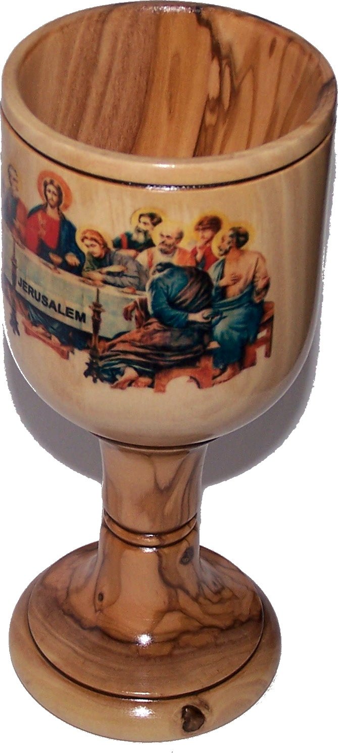 Large Communion Wine Goblet with imprinted Last supper by Laser Technology - Colored - Chalice Olive Wood (6 Inches Large) - Asfour Outlet Trademark