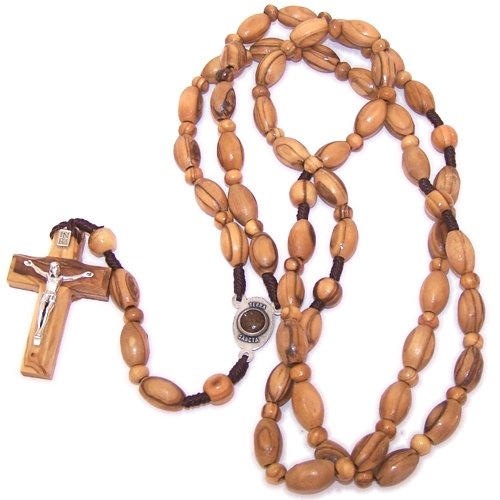 Very Long Threaded olive wood Rosary with 12mm oval beads and Soil Center - V.