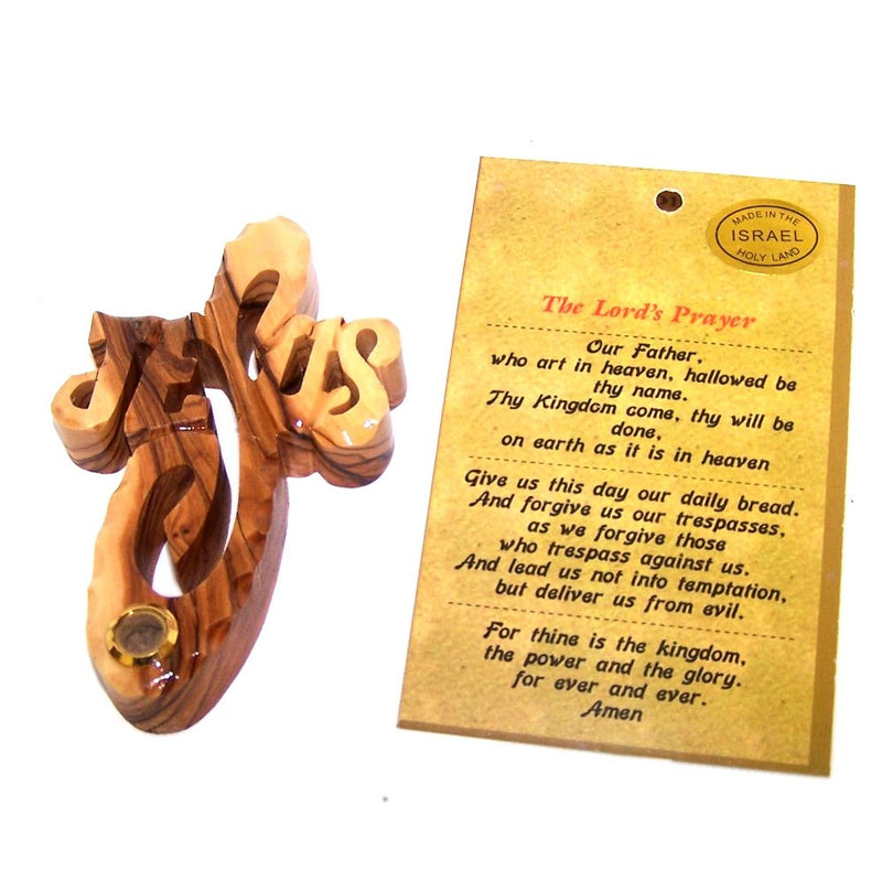 JESUS thick and hand carved olive wood Cross with Soil from Bethlehem - Hanging (11cm or 4.3 inches) with Certificate