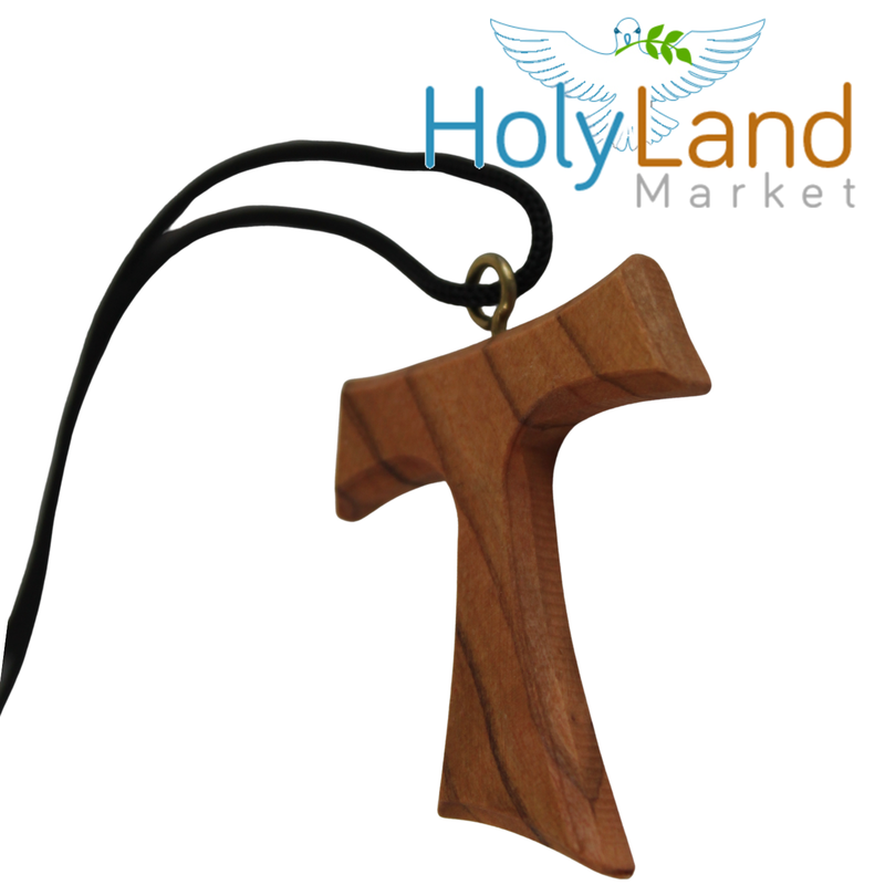 Holy Land Market Hand-Carved Olive Wood Tau Cross Necklace from Bethlehem – Made by Christian Artisans in the Holy Land, with Certificate of Authenticity & Lord’s Prayer Card – Wearable Pendant with 70cm Cord