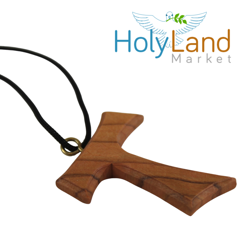 Holy Land Market Hand-Carved Olive Wood Tau Cross Necklace from Bethlehem – Made by Christian Artisans in the Holy Land, with Certificate of Authenticity & Lord’s Prayer Card – Wearable Pendant with 70cm Cord