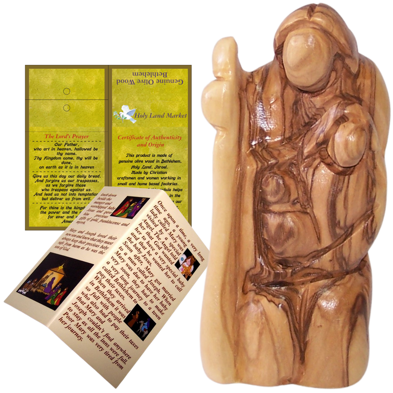 Holy Land Market Hand-Carved Olive Wood Holy Family Statue – Holy Family Nativity Scene from Bethlehem – 4” Christmas Decor for Home or Church with Nativity Story Booklet, Certificate & Prayer Card
