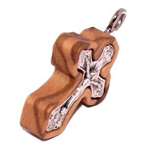 Olive wood Cross with Embedded pewter Vine Cross - Eastern (2.4 cm - 0.95") - 6mm thick