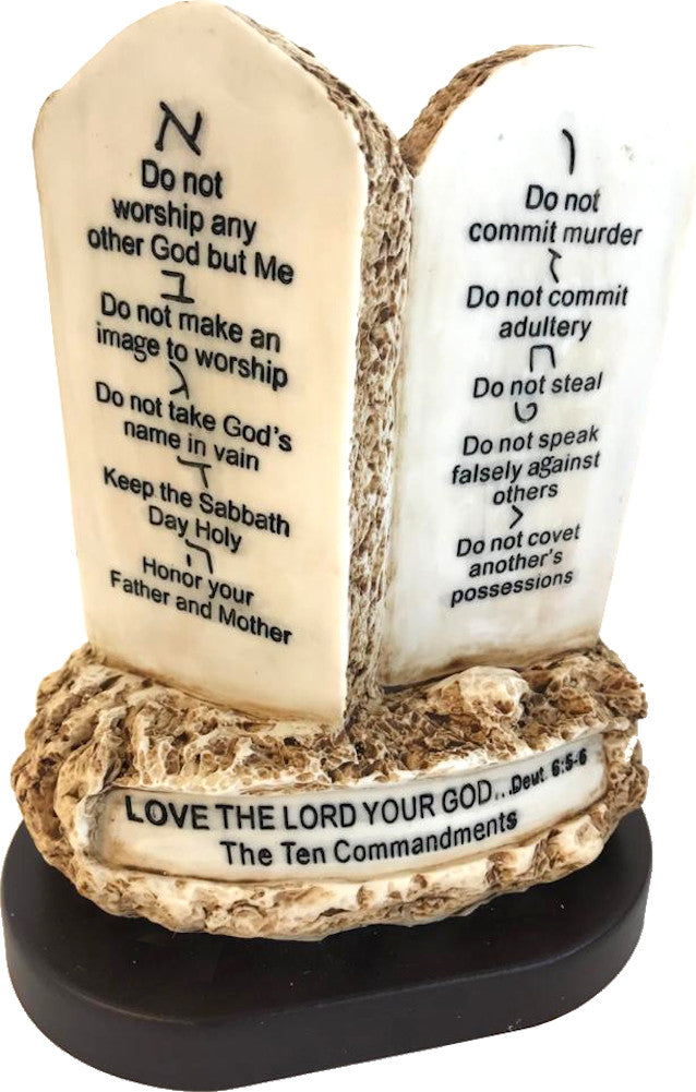 Holy Land Market Ten (10) Commandments Tablets or Decalogue Given to Moses on Mount Horeb - Resin on Wooden Base (6.5 Inches Tall)