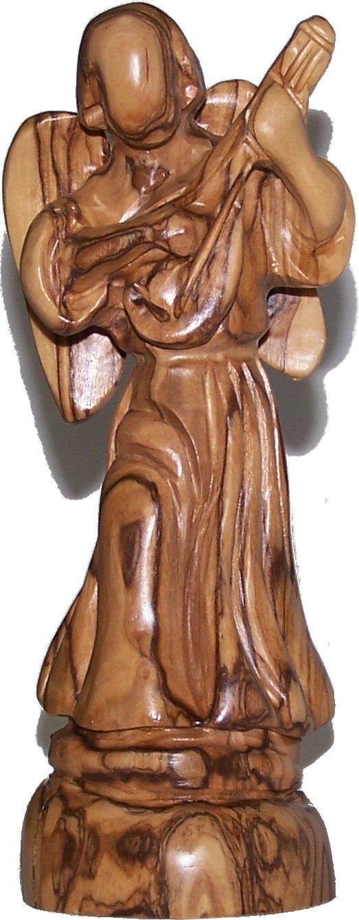 Angel playing music - carved in olive wood , modern style ( 17cm or 6.8 Inches )