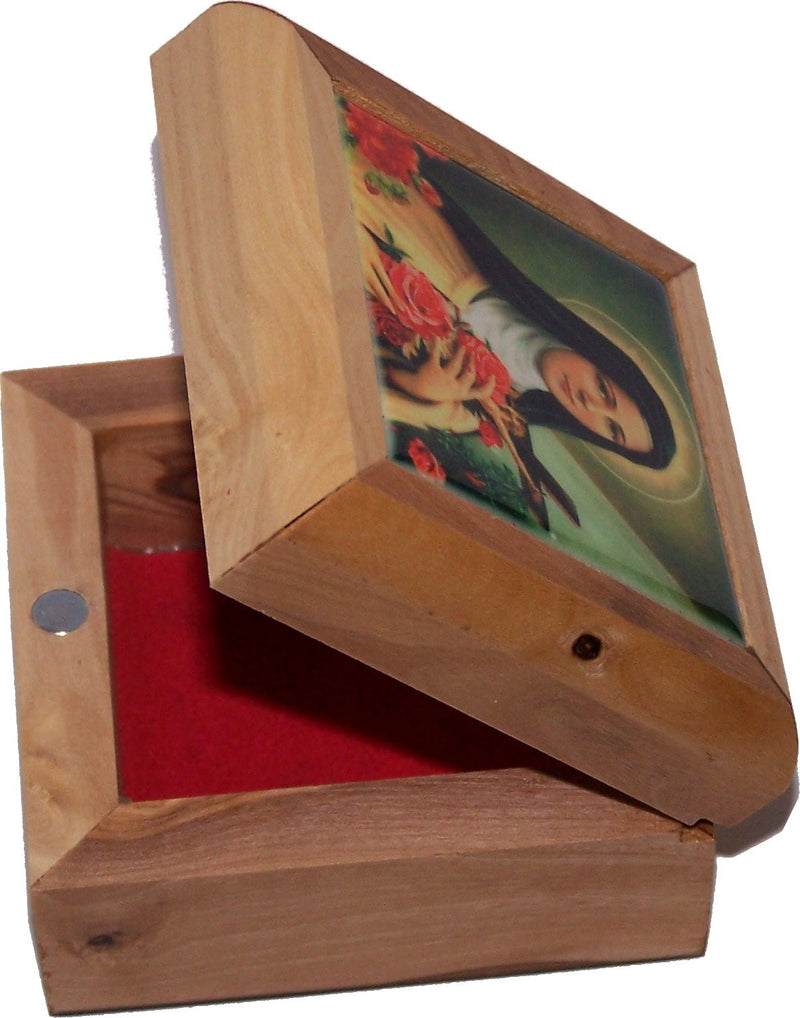 Holy Land Market First Communion Box - Rosary Box - Bethlehem Olive Wood (Cerarmic - St. Theresa)