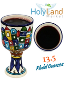 Holy Land Market Armenian Ceramic Wine Goblet – Jerusalem City Walls & Old City Design – Large 13.5 oz Hand-Painted Cup for Communion or Shabbat Kiddush – 6.5 Inch