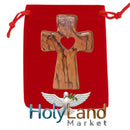 Wooden Pocket Cross - Bethlehem Olive Wood - 3-in-1 Design: Standing, Hanging, or Holding - Hand-Carved Heart Silhouette - Includes Velvet Pouch, Prayer Card, & Certificate (4.2 Inches)