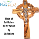 Holy Land Market 10" Celtic Olive Wood Wall Crucifix – Handmade in Bethlehem with Metal Saint Benedict Medal (Front & Back), Certificate, Prayer Card & Medal Explanation – Solid Olive Wood Cross