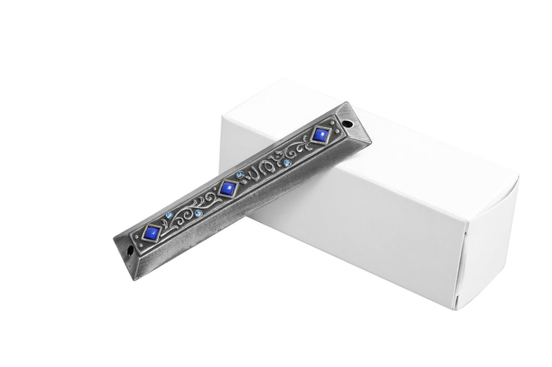 Holy Land Market Pewter with Blue Stones Jeweled Mezuzah (3.5 Inches with Scroll)