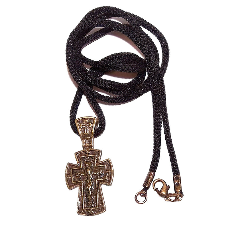 Russian 3-bar Crucifix inside a Cross bronze tone necklace - design based on Fedorov designer - 60cm