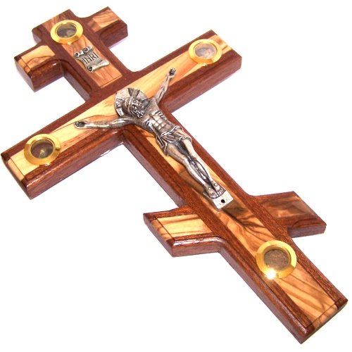 Holy Land Market Thick Mahogany with Embedded olive wood Russian Orthodox or three-bar Eastern Cross/Crucifix - Also known as the Patriarchal Cross - 25cm or 10 inches