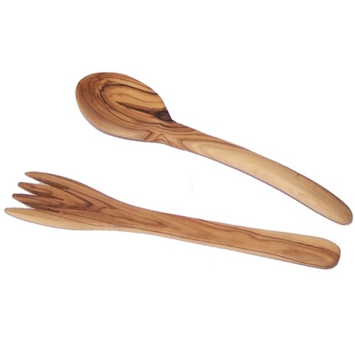 Holy Land Market Grade A Olive Wood Utensils Fork Spoon Server Set - Spoon and Fork - Asfour Outlet Trademark (7.9 Inches)