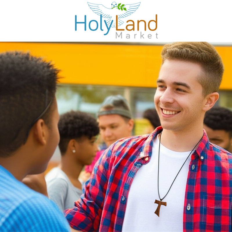 Holy Land Market Hand-Carved Olive Wood Tau Cross Necklace from Bethlehem – Made by Christian Artisans in the Holy Land, with Certificate of Authenticity & Lord’s Prayer Card – Wearable Pendant with 70cm Cord