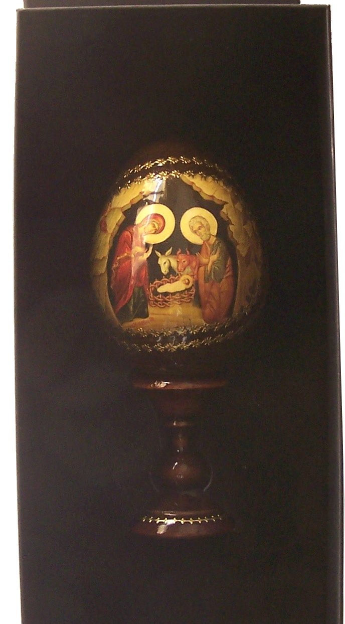 Nativity of our Lord Icon with sheets of Gold (Lithography) written on Egg - Made in Russia ( 7 Inches )