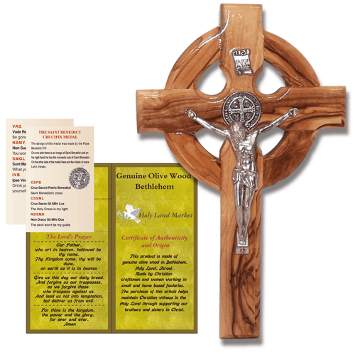 6" Celtic Olive Wood Wall Crucifix – Handmade in Bethlehem with Metal Saint Benedict Medal (Front & Back), Certificate, Prayer Card & Medal Explanation – Solid Olive Wood Cross