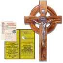 Holy Land Market 6" Celtic Olive Wood Wall Crucifix – Handmade in Bethlehem with Metal Saint Benedict Medal (Front & Back), Certificate, Prayer Card & Medal Explanation – Solid Olive Wood Cross