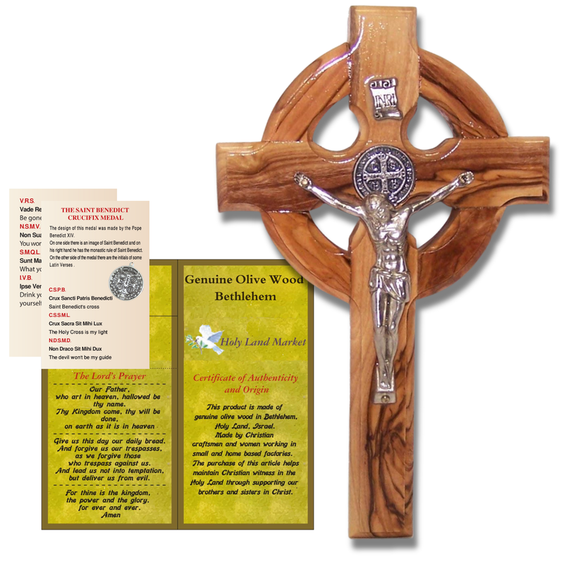 Holy Land Market 6" Celtic Olive Wood Wall Crucifix – Handmade in Bethlehem with Metal Saint Benedict Medal (Front & Back), Certificate, Prayer Card & Medal Explanation – Solid Olive Wood Cross