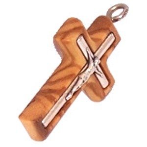 Olive wood Cross with Embedded pewter Crucifix - Latin (3cm - 1.2") - 5mm thick