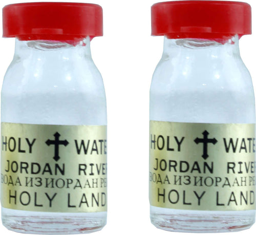 Two glass Jordan River holy water vials with red caps and gold labels #style_2 bottles