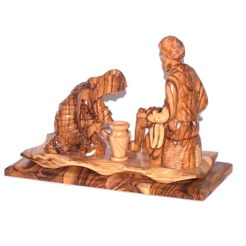 Washing of The Feet Statue Holy Thursday Washing - Olive Wood (23 cm or 9.1 inches)